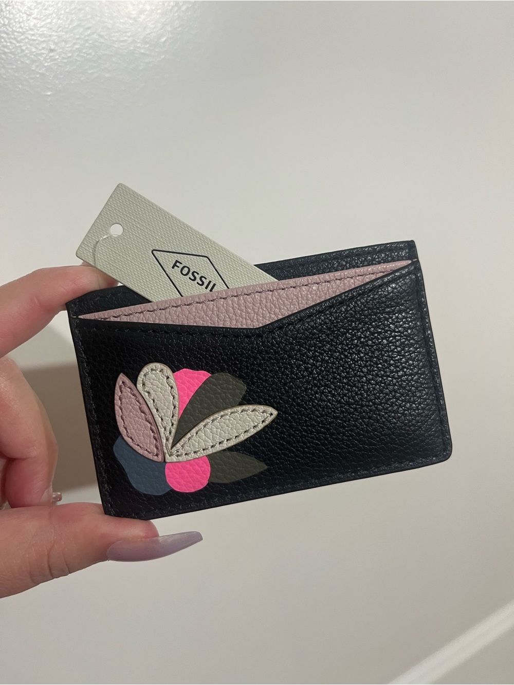 NWT! Fossil Black Pink Leather Floral Card Case Holder